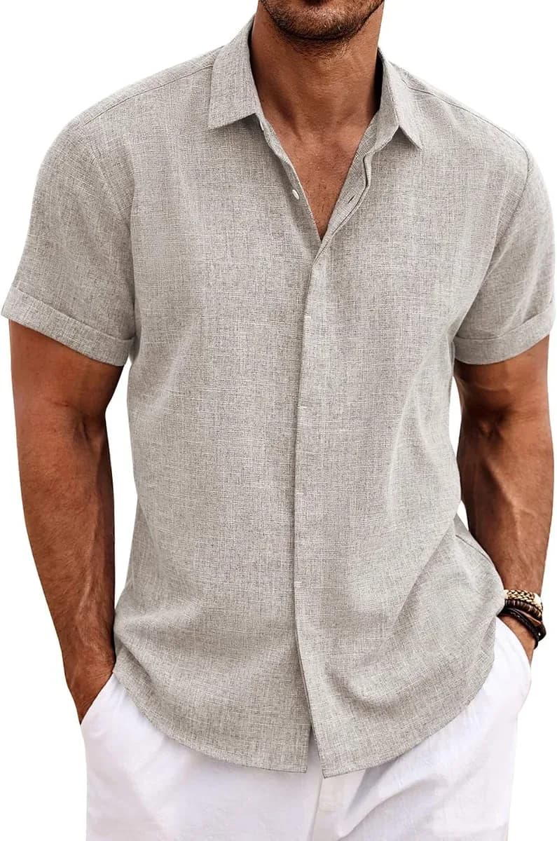 Short sleeve linen shirt for men in stone