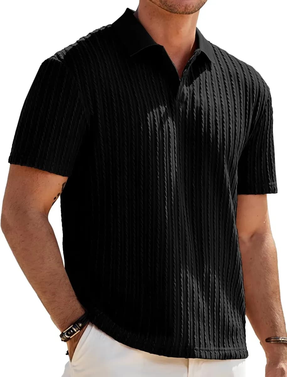 Textured knit polo shirt for men in black