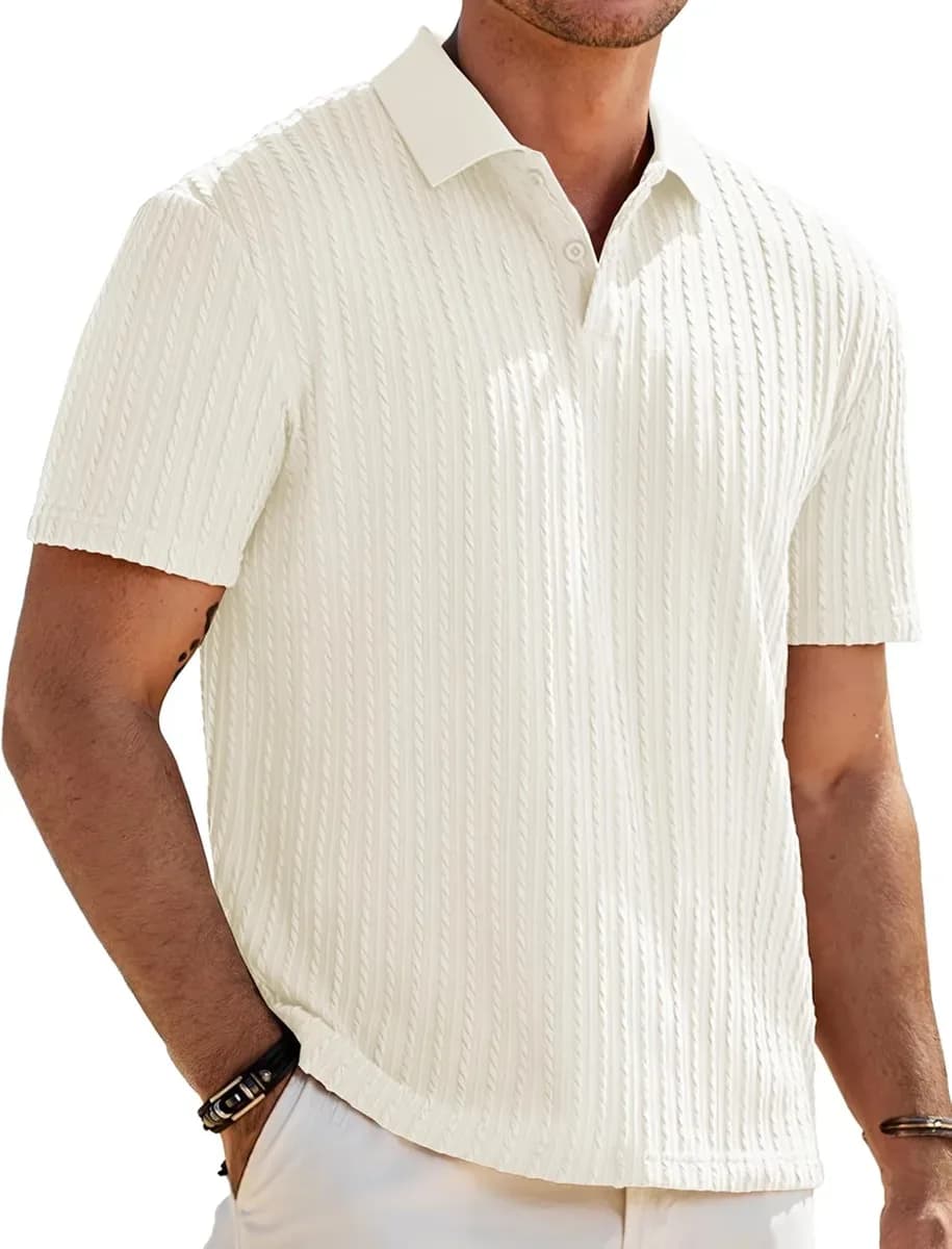 Cream textured knit polo shirt for men with lapel collar