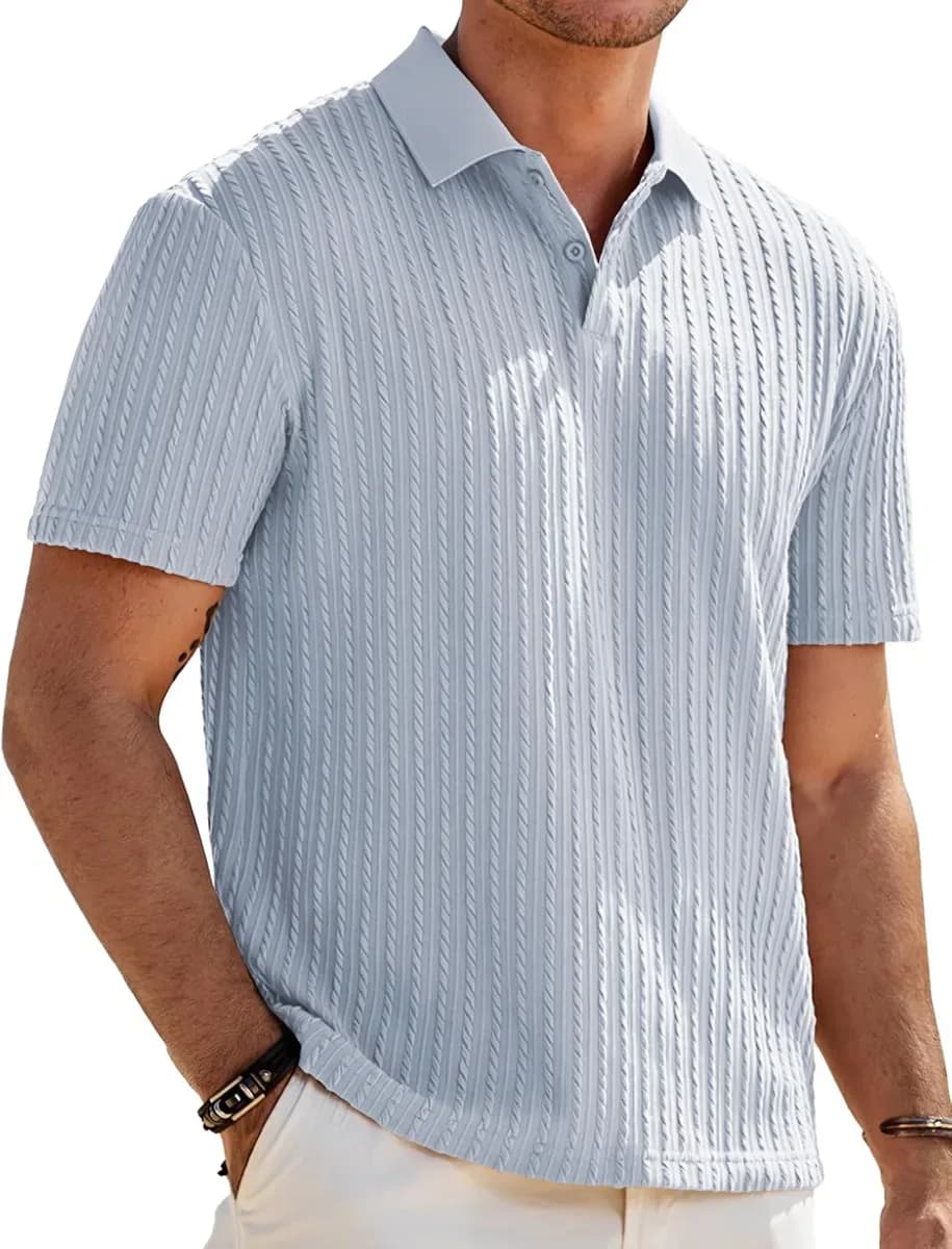 Textured knit polo shirt for men in light blue