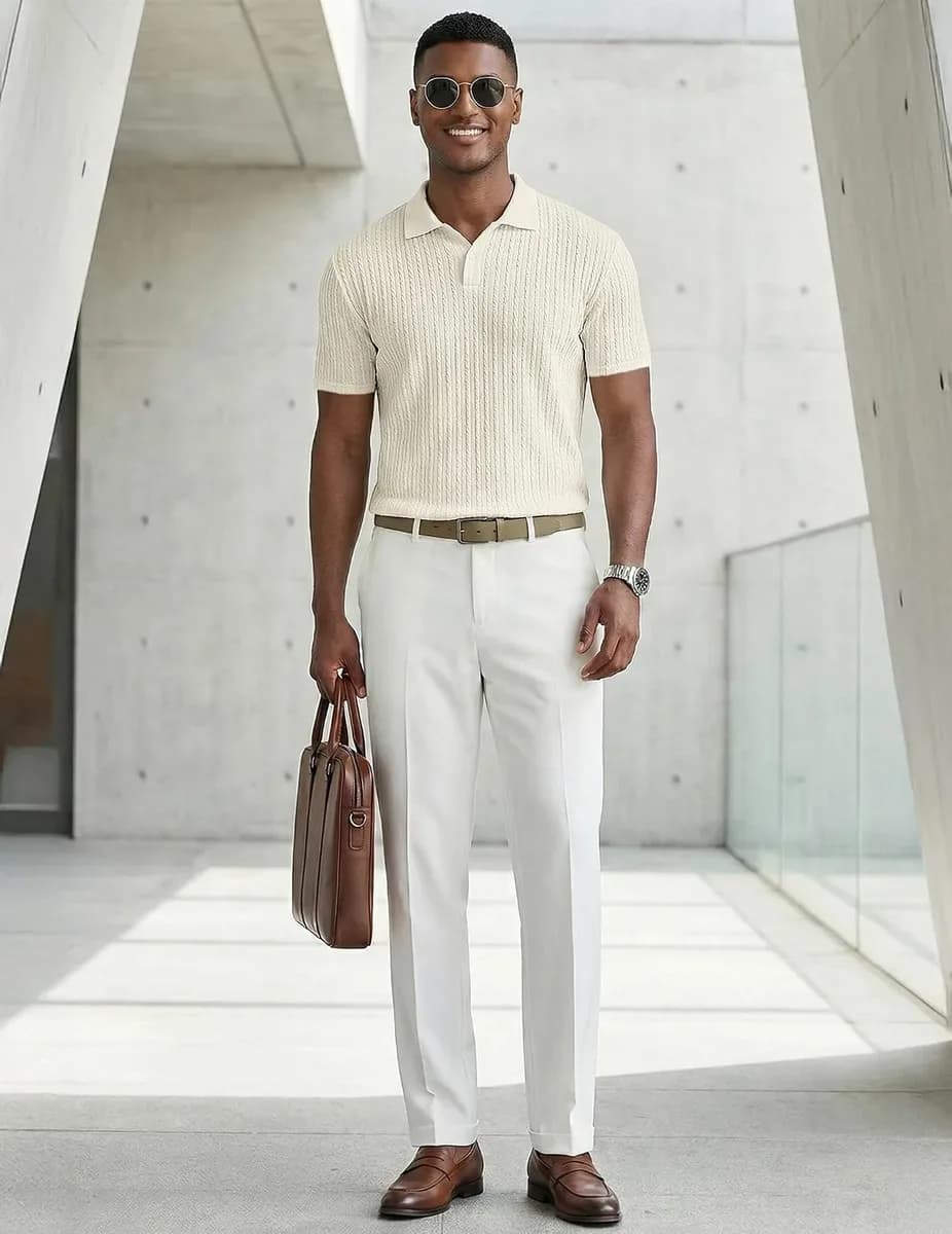Man in a textured knit polo shirt and tailored trousers