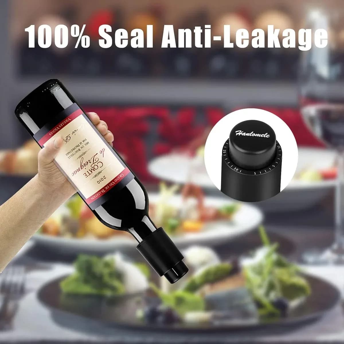 Vacuum wine stopper holding the seal on a bottle turned upside down