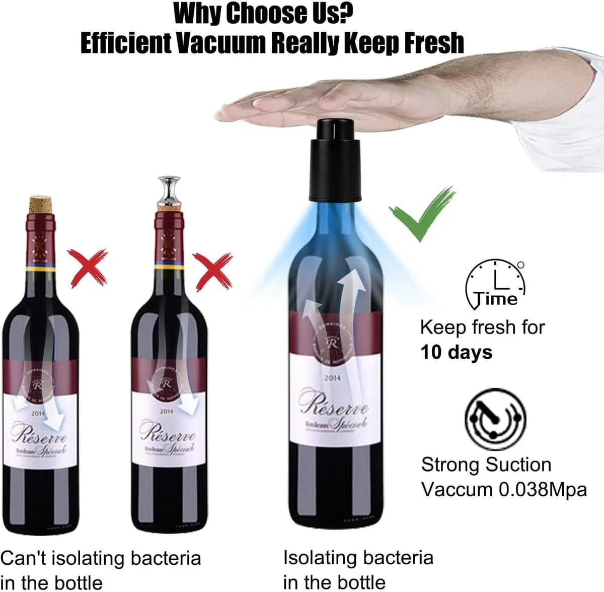 Vacuum wine stopper next to a standard cork for size comparison
