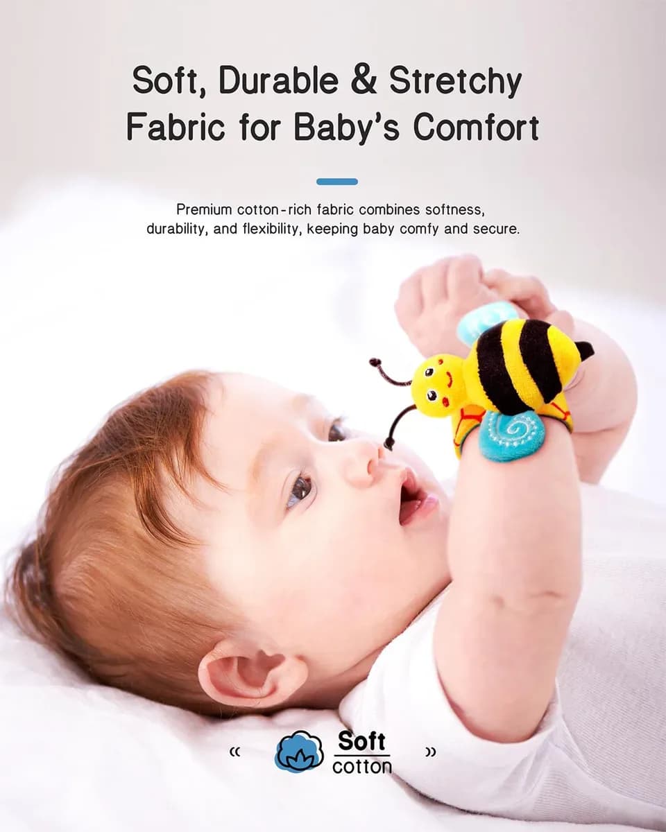 Soft stretchy fabric of the baby wrist rattles up close