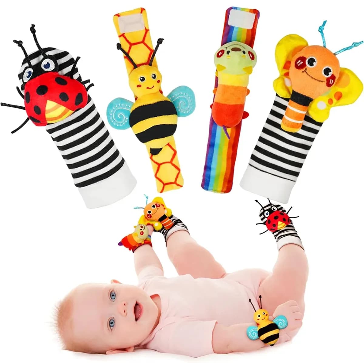 Little one wearing baby wrist rattles and foot finder socks