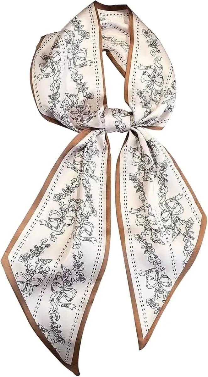 Skinny satin scarf in a cream print laid out flat