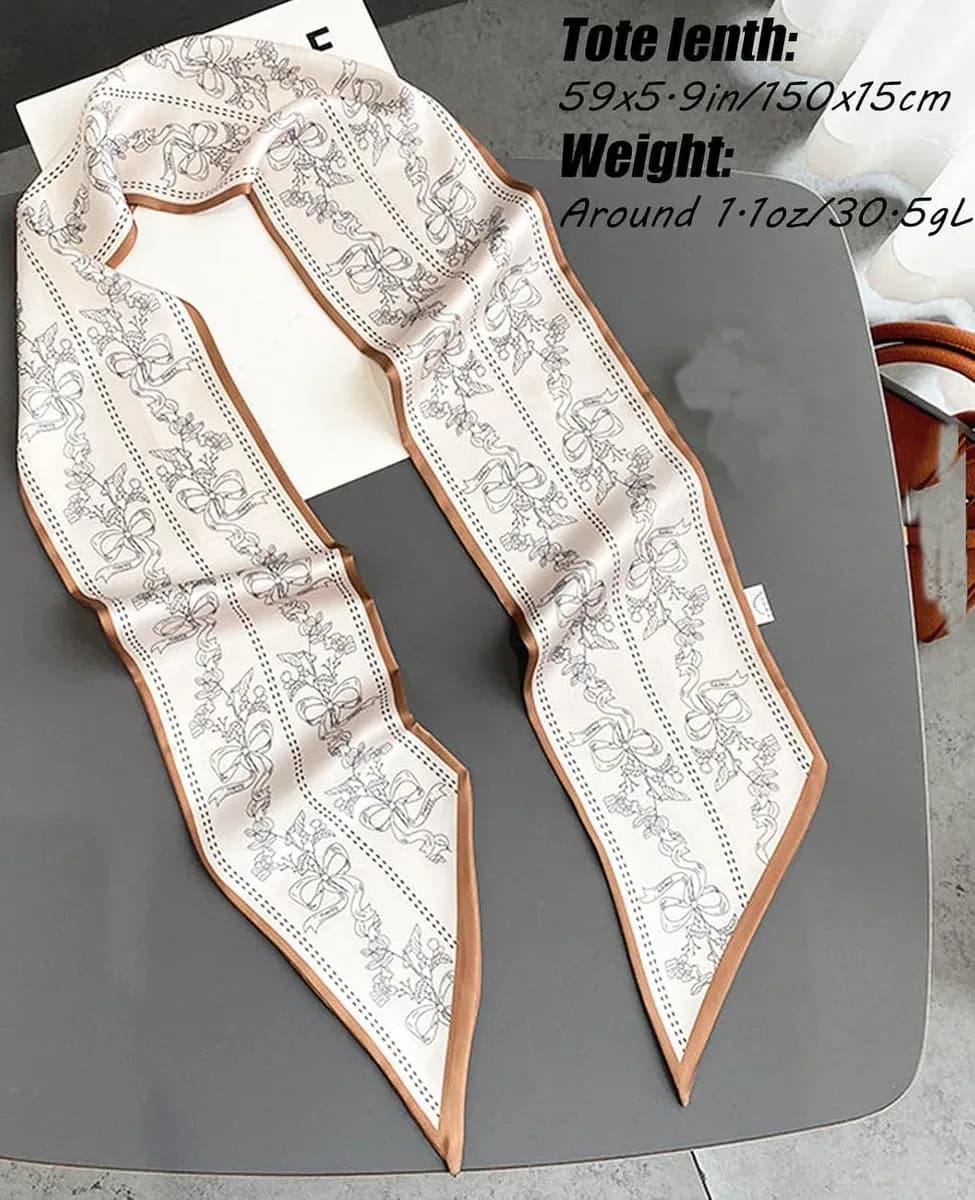 Skinny satin scarf size shown at 15 by 150 cm