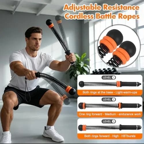 Cordless battle ropes in use during a home HIIT workout