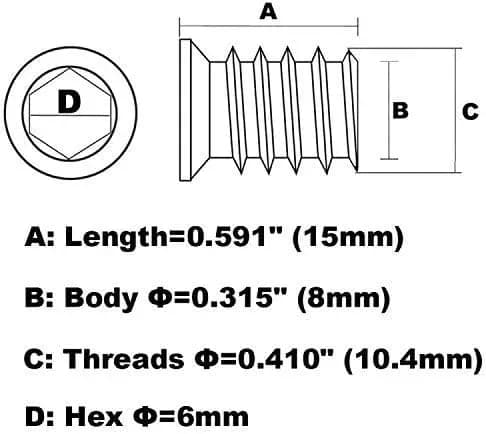 Threaded inserts for wood installed in a wooden board with a bolt