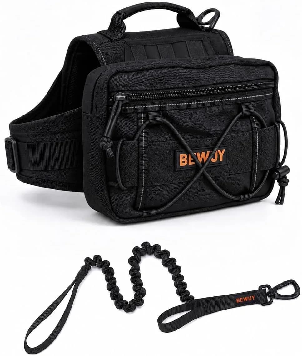 Tactical dog backpack harness in black with side pouches