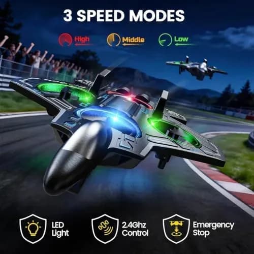 RC plane fighter jet flying outdoors with LED lights on