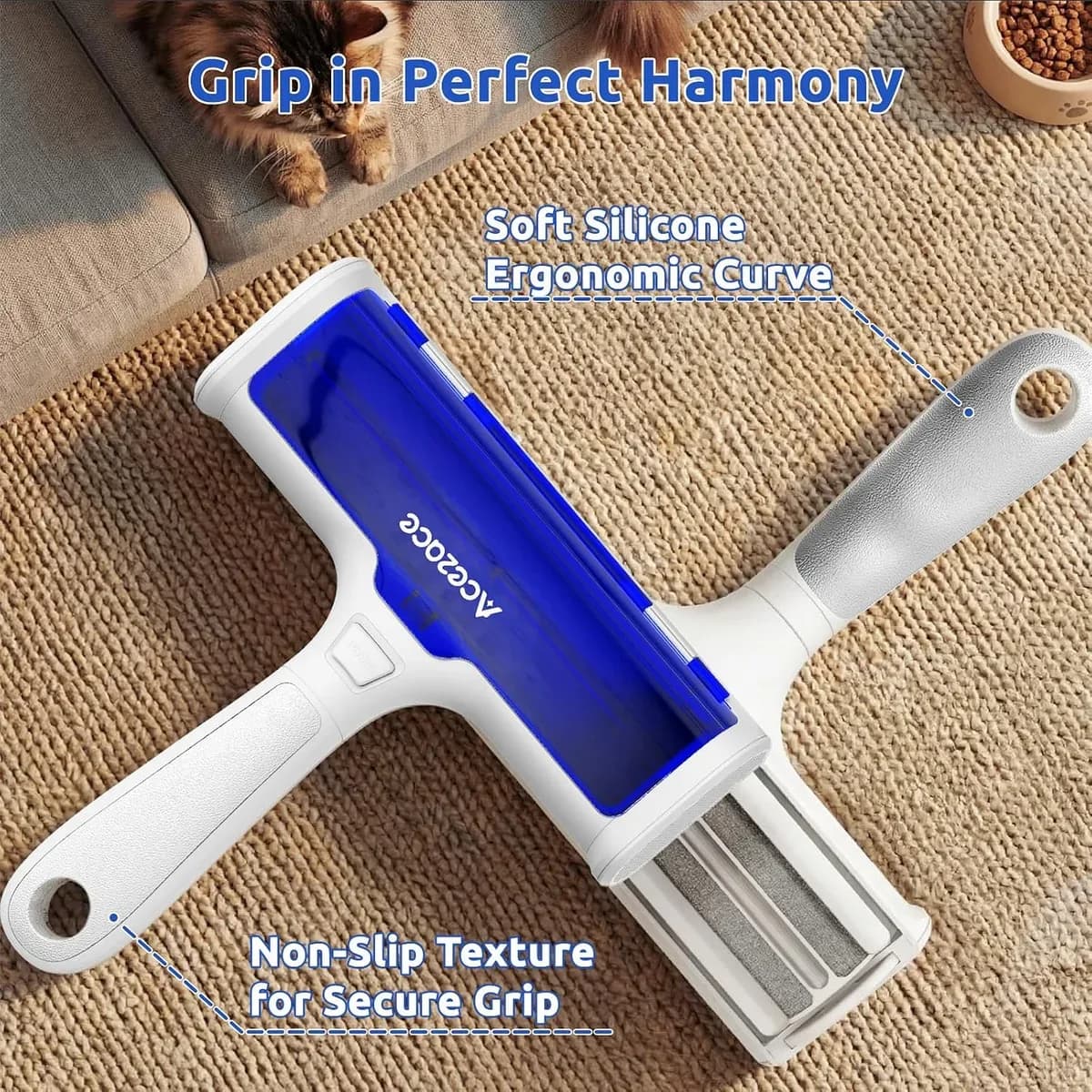 Ergonomic non-slip grip on the pet hair remover roller handle