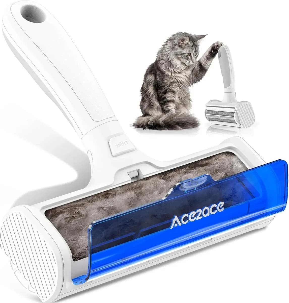 Pet hair remover roller with its bin full of collected cat hair
