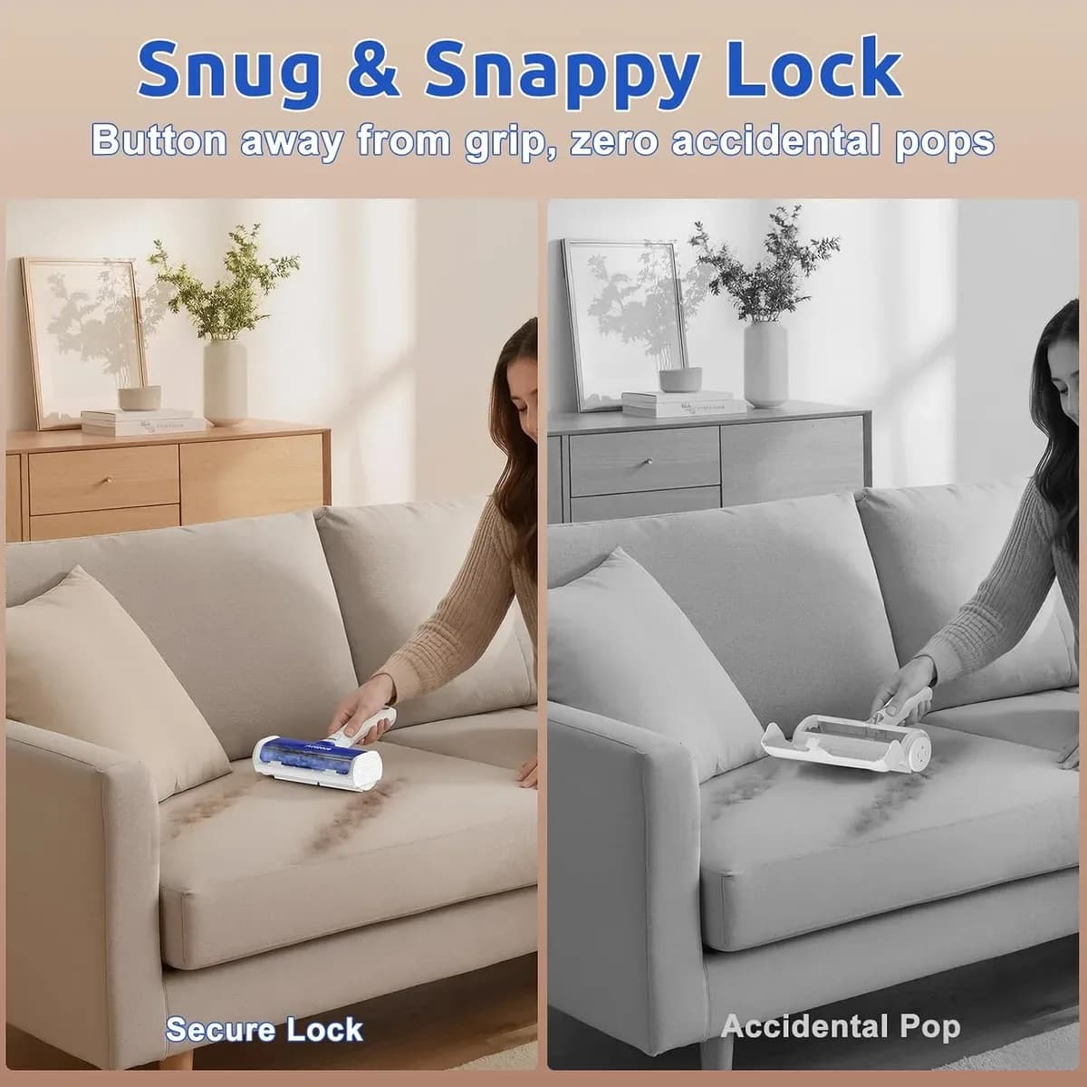 Lock and release button on the pet hair remover roller lid