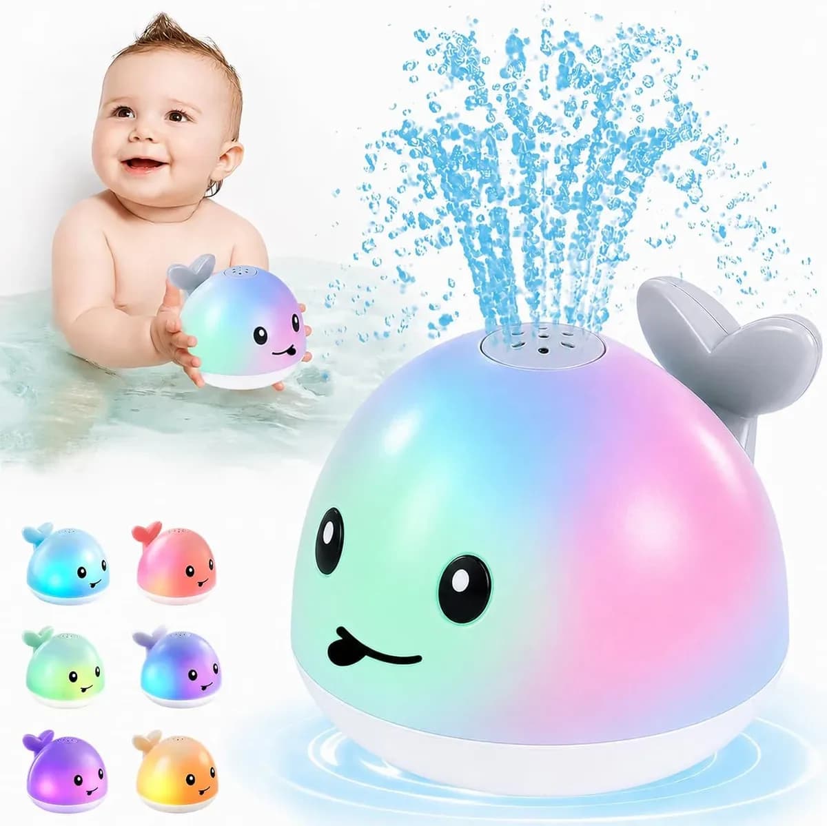 Baby splashing in the tub with a spraying whale bath toy