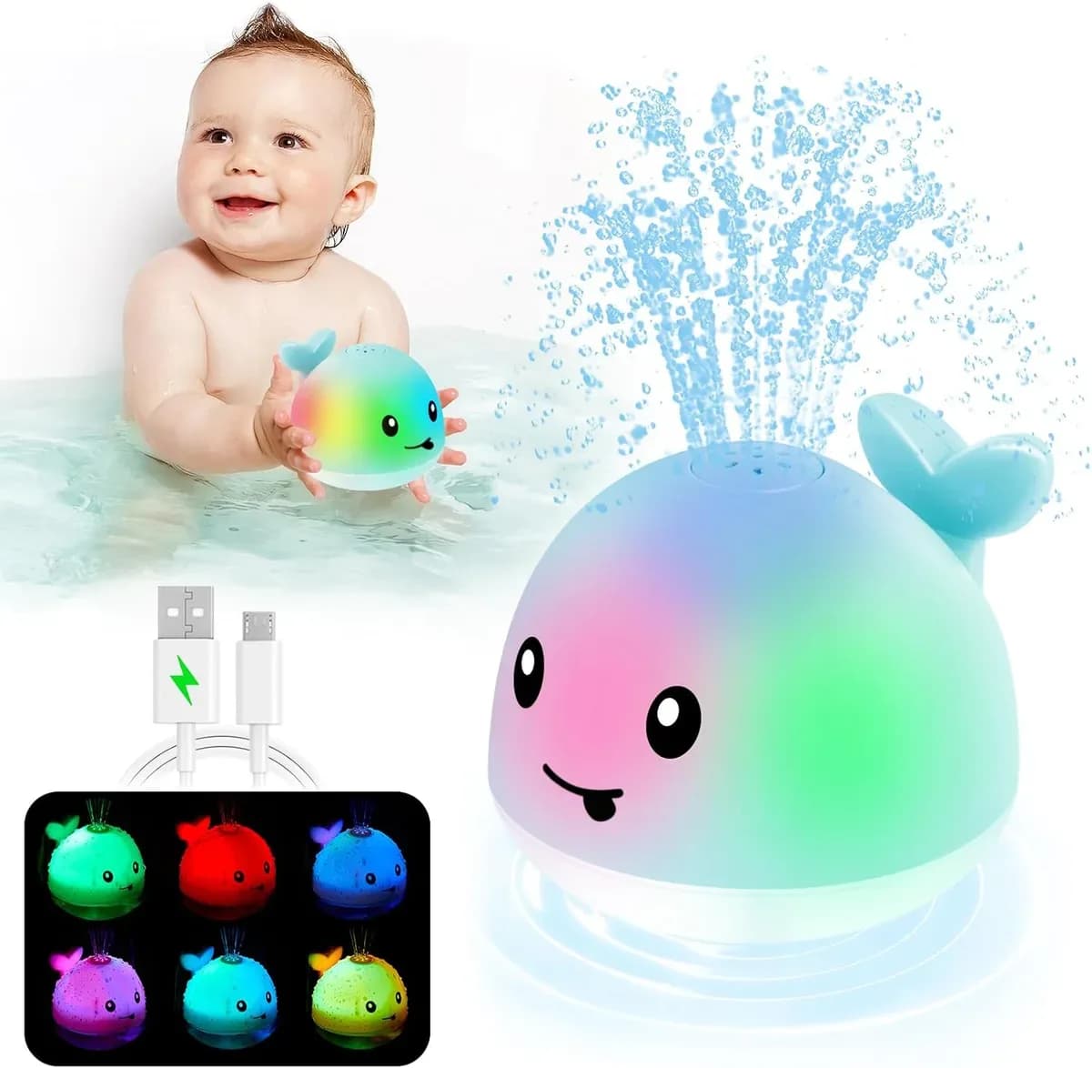 Blue light-up whale bath toy shown on its own