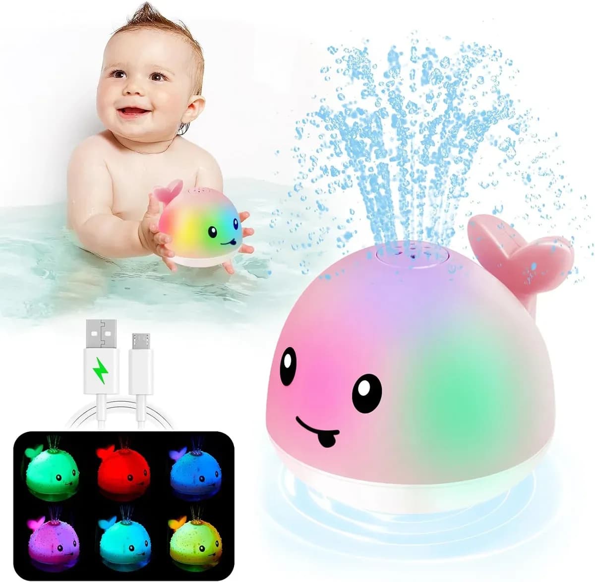 Pink light-up whale bath toy shown on its own