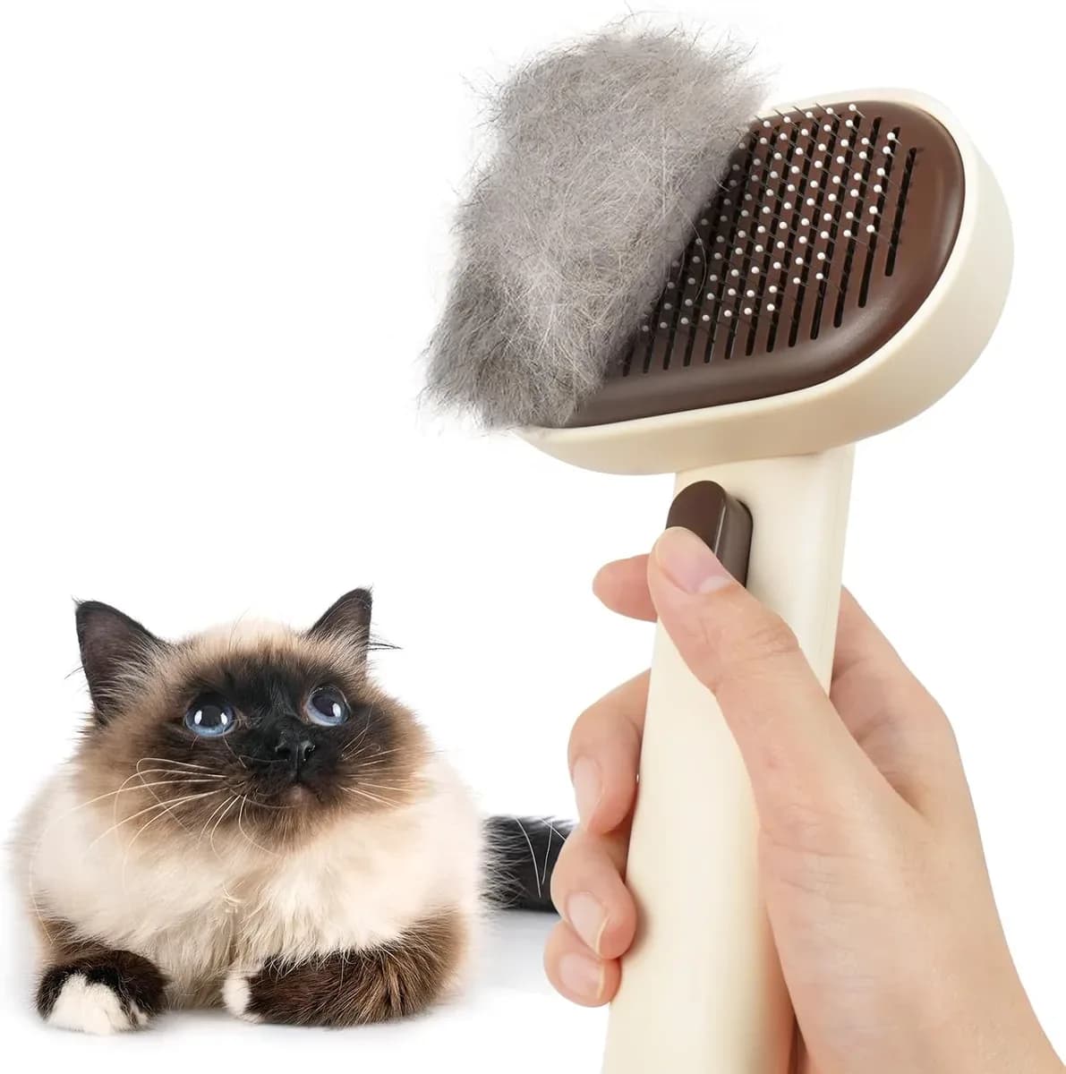Self-cleaning cat brush in brown, a warm neutral color