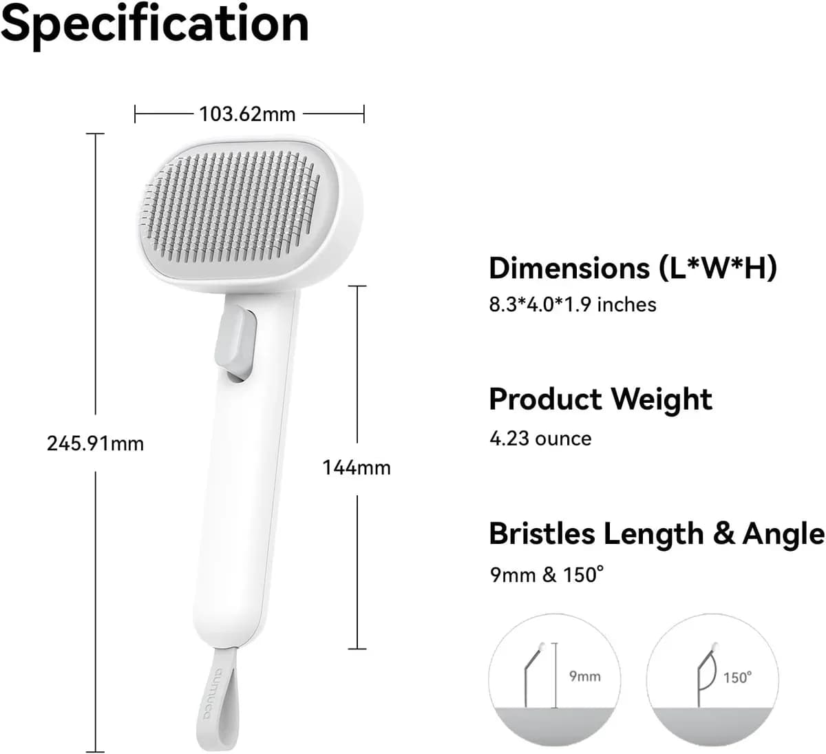 Self-cleaning cat brush dimensions shown in inches