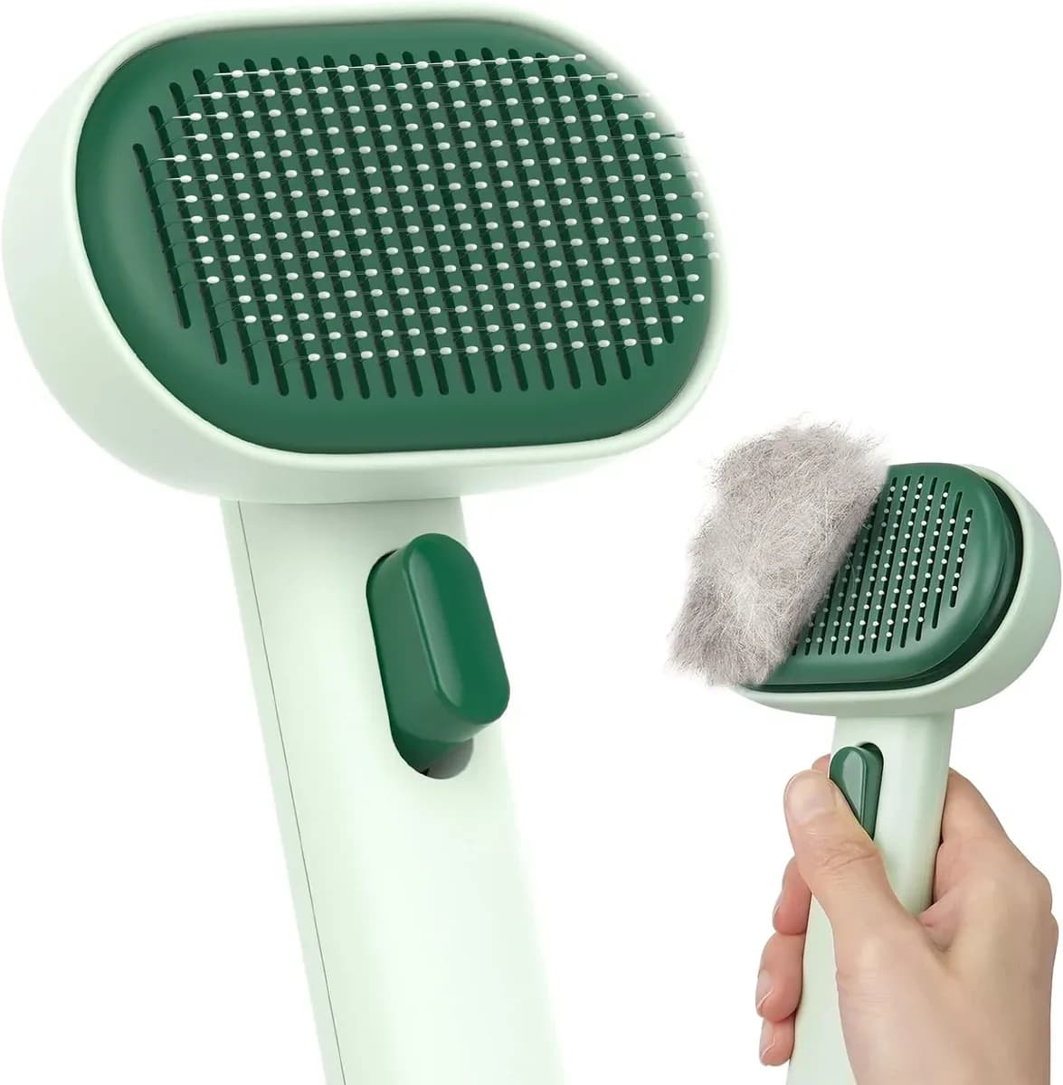 Self-cleaning cat brush in forest green, a deep natural shade