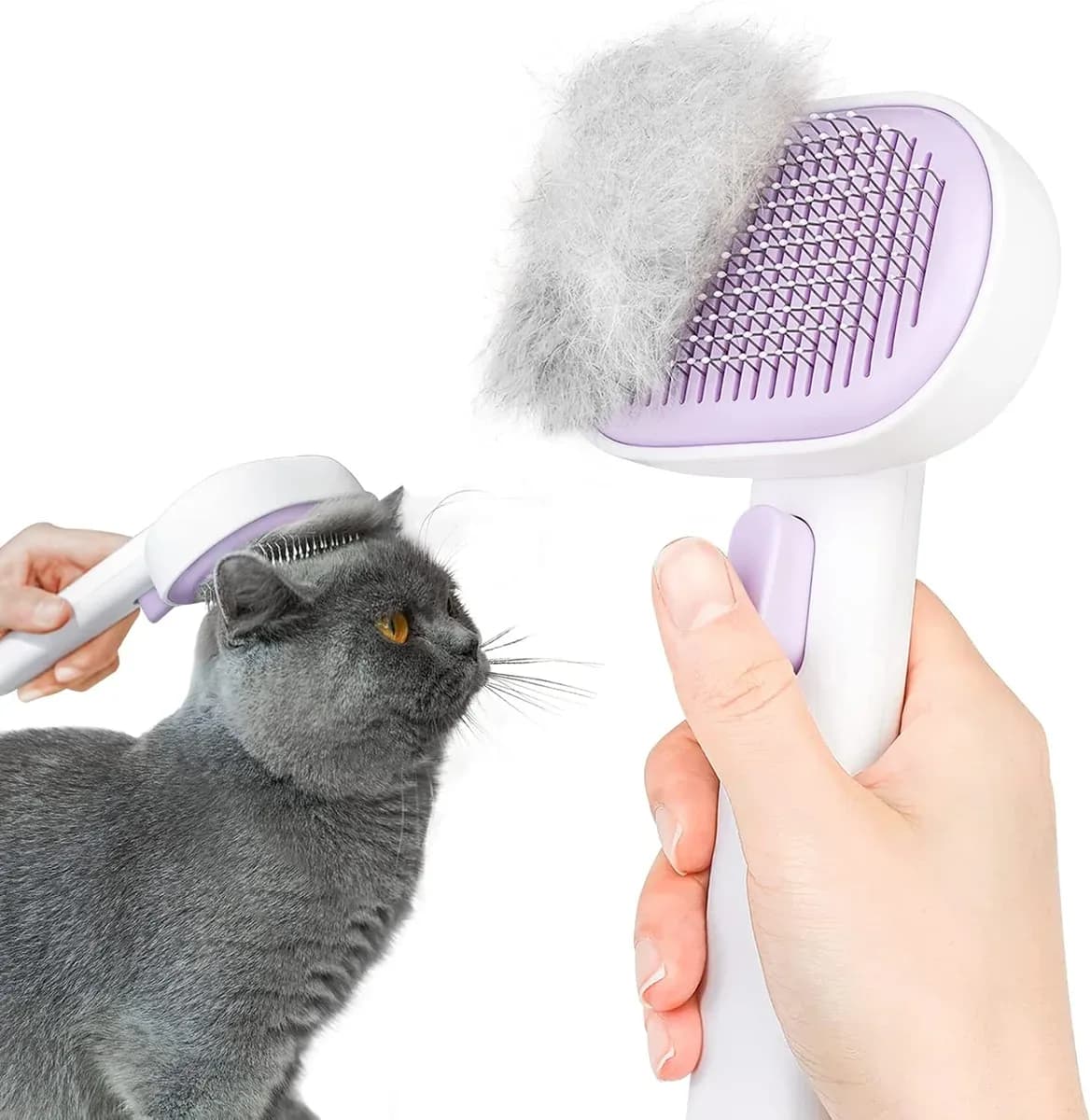 Self-cleaning cat brush in purple for long and short coats