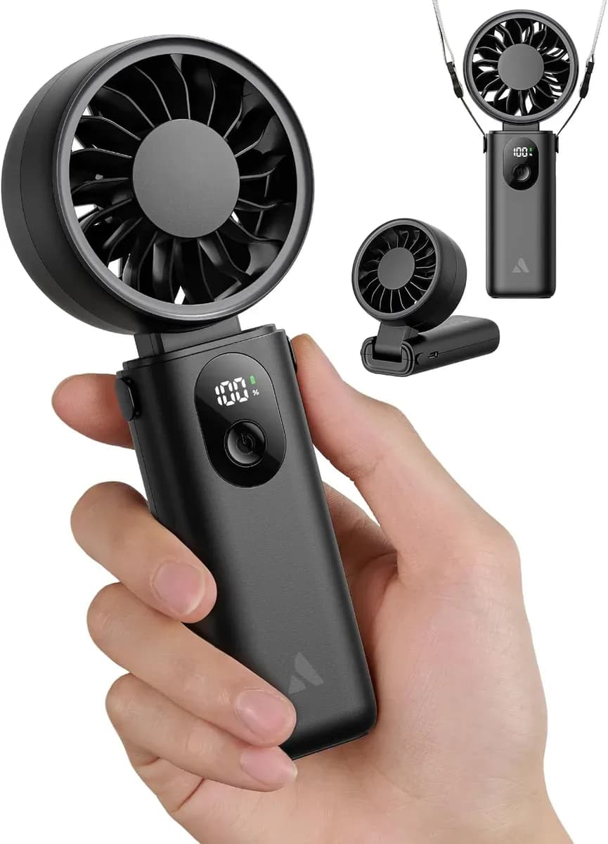 Black portable handheld fan, rechargeable with 5 speeds