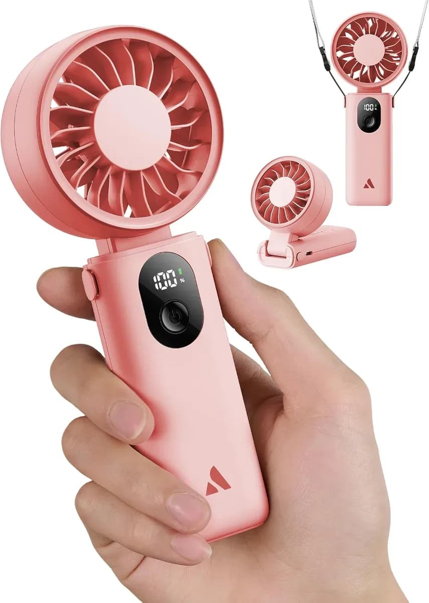 Pink portable handheld fan with lanyard for hands-free use