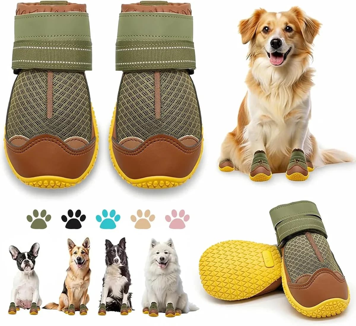 Anti-slip dog boots paw protectors in army green