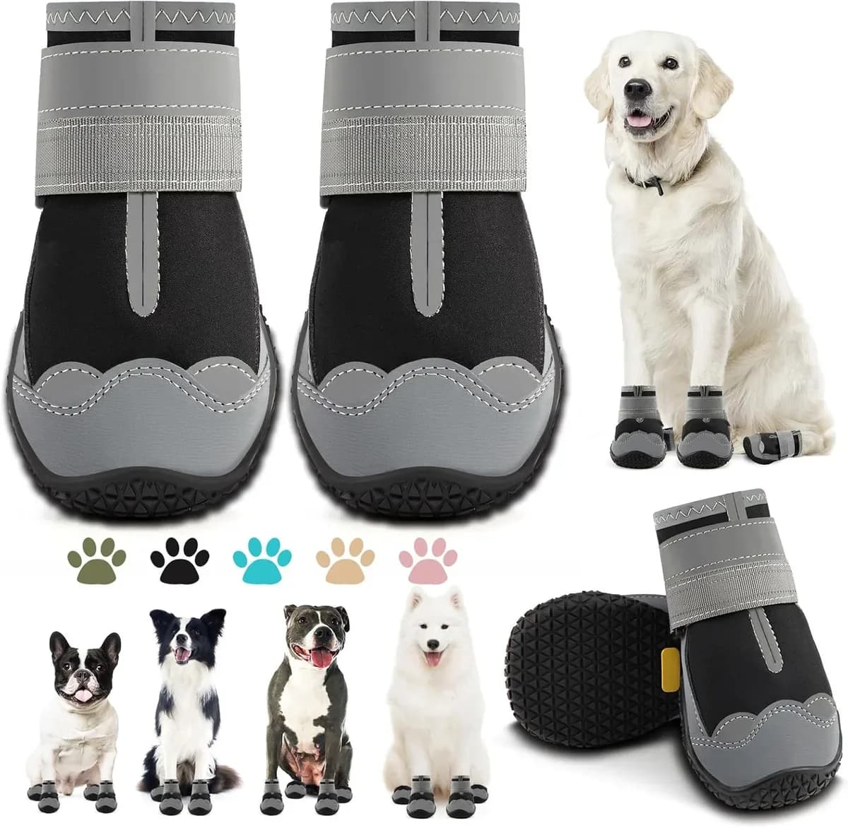 Set of 4 anti-slip dog boots in black with reflective straps