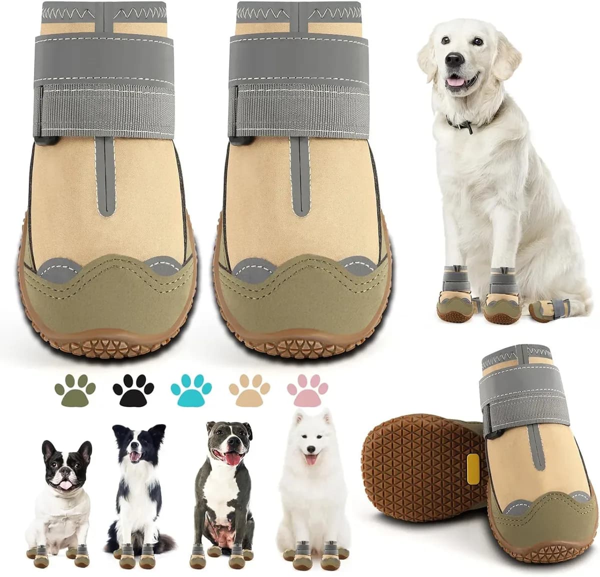 Anti-slip dog boots paw protectors in light khaki