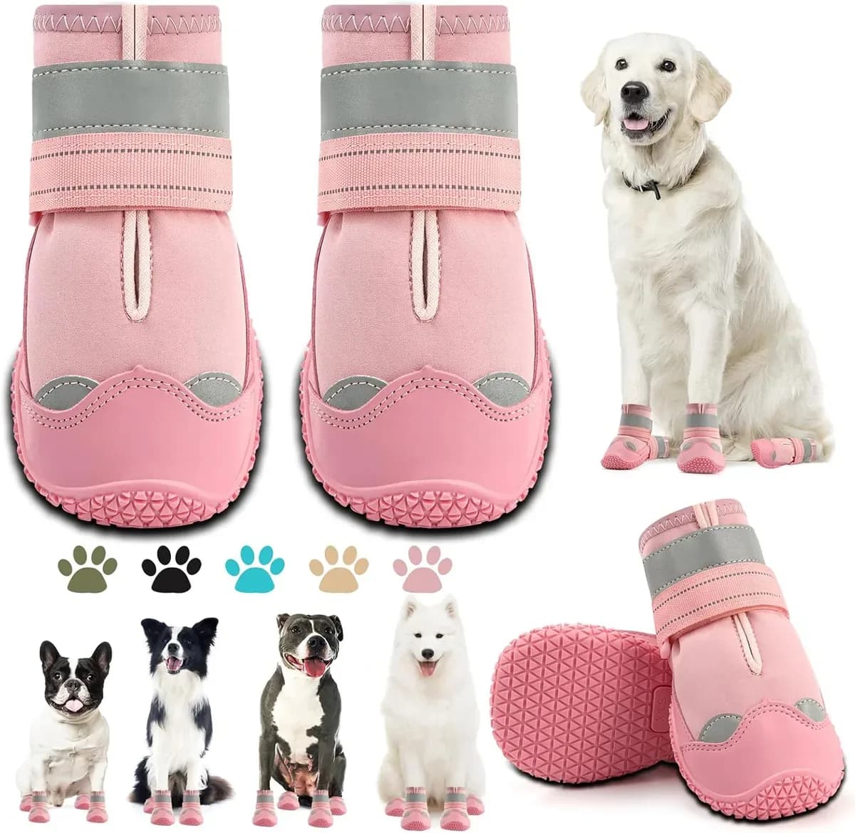 Anti-slip dog boots paw protectors in pink