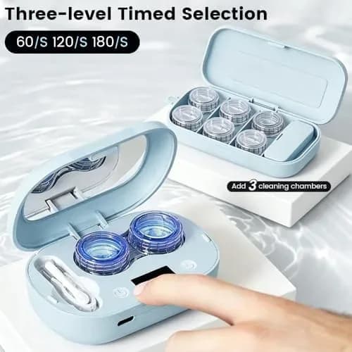 Ultrasonic contact lens cleaner in use with lenses in the tray