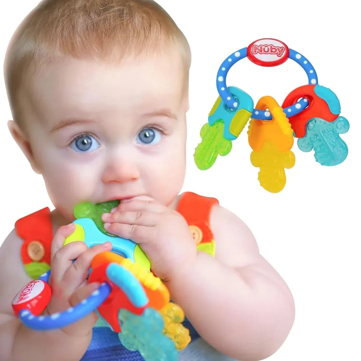 Baby chewing on colorful cooling teether keys to soothe gums