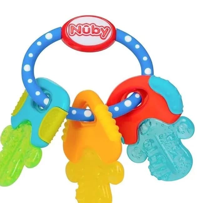 Cooling teether keys hanging together from the grip ring