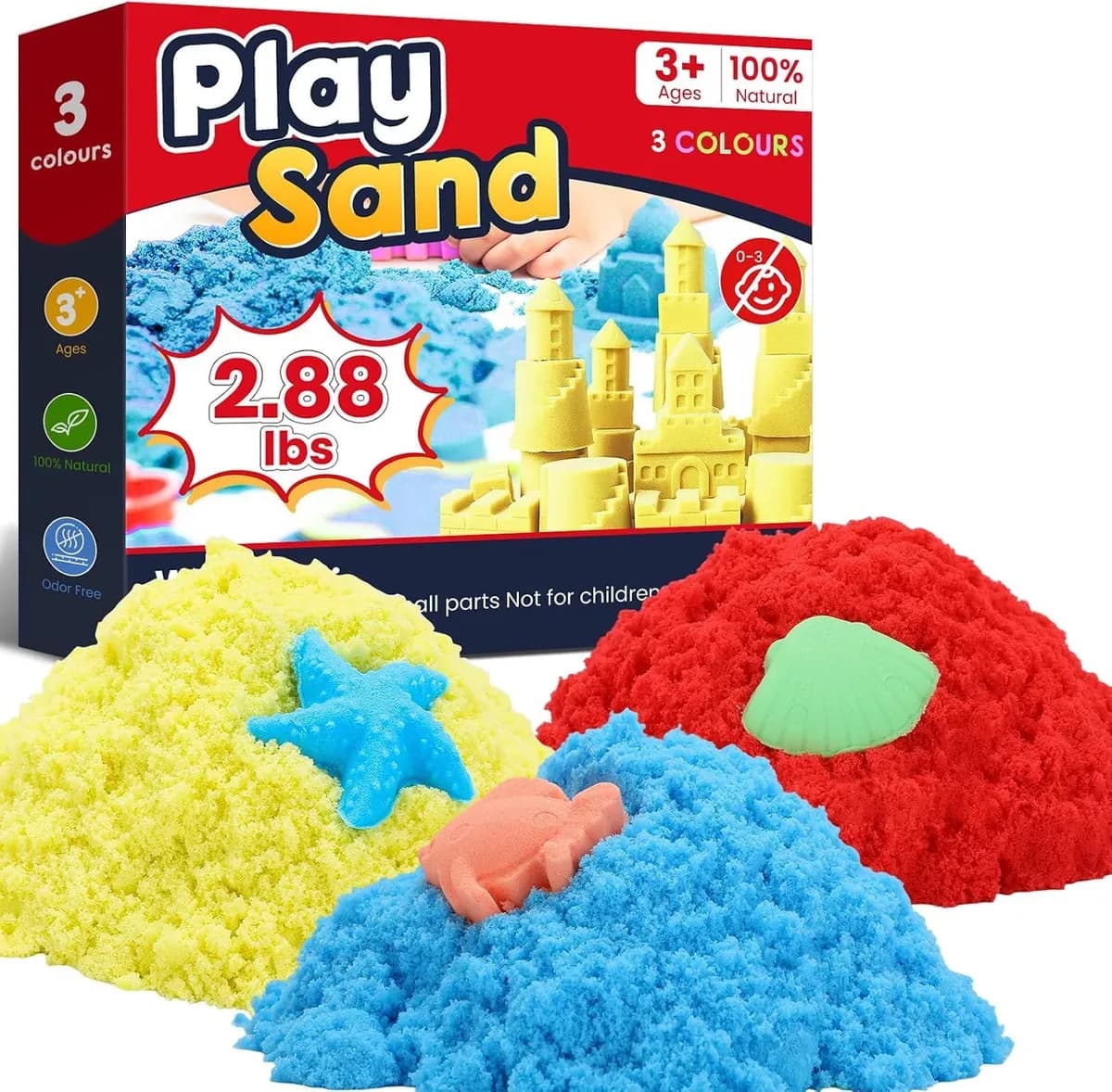 Kinetic play sand for kids in red, yellow and blue