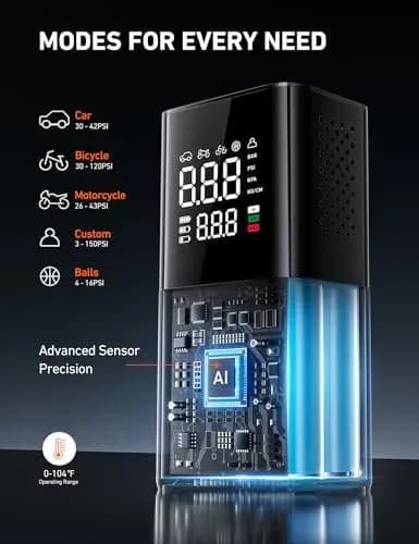 Cordless tire inflator dimensions shown for scale