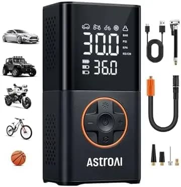 Cordless tire inflator with digital pressure display, front view