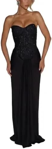 Strapless corset maxi dress with mermaid skirt, full-length front view