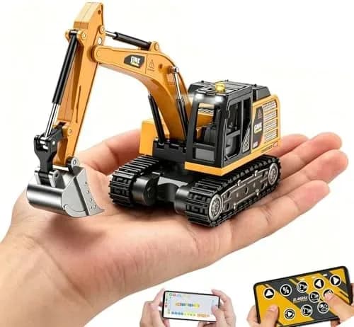 Die-cast mini RC excavator toy in 1:64 scale