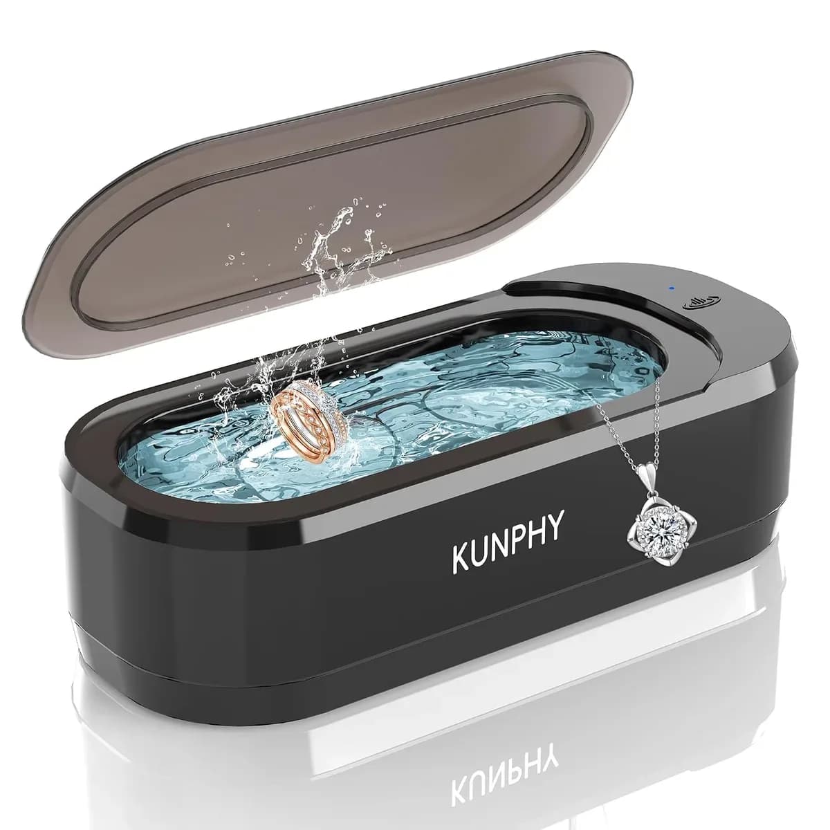 Ultrasonic jewelry cleaner in black, shown from the front