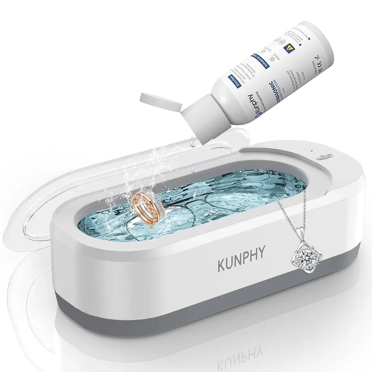 Ultrasonic jewelry cleaner in white with the lid closed