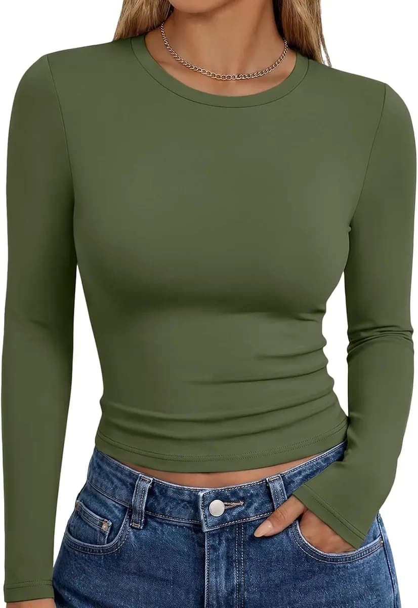 Army green long sleeve fitted t-shirt for casual outfits