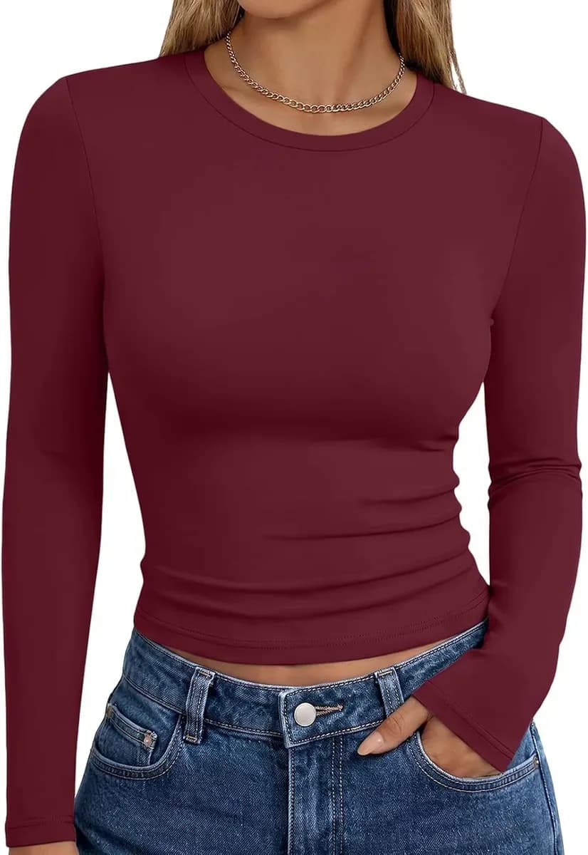 Burgundy long sleeve fitted t-shirt in a slim fit