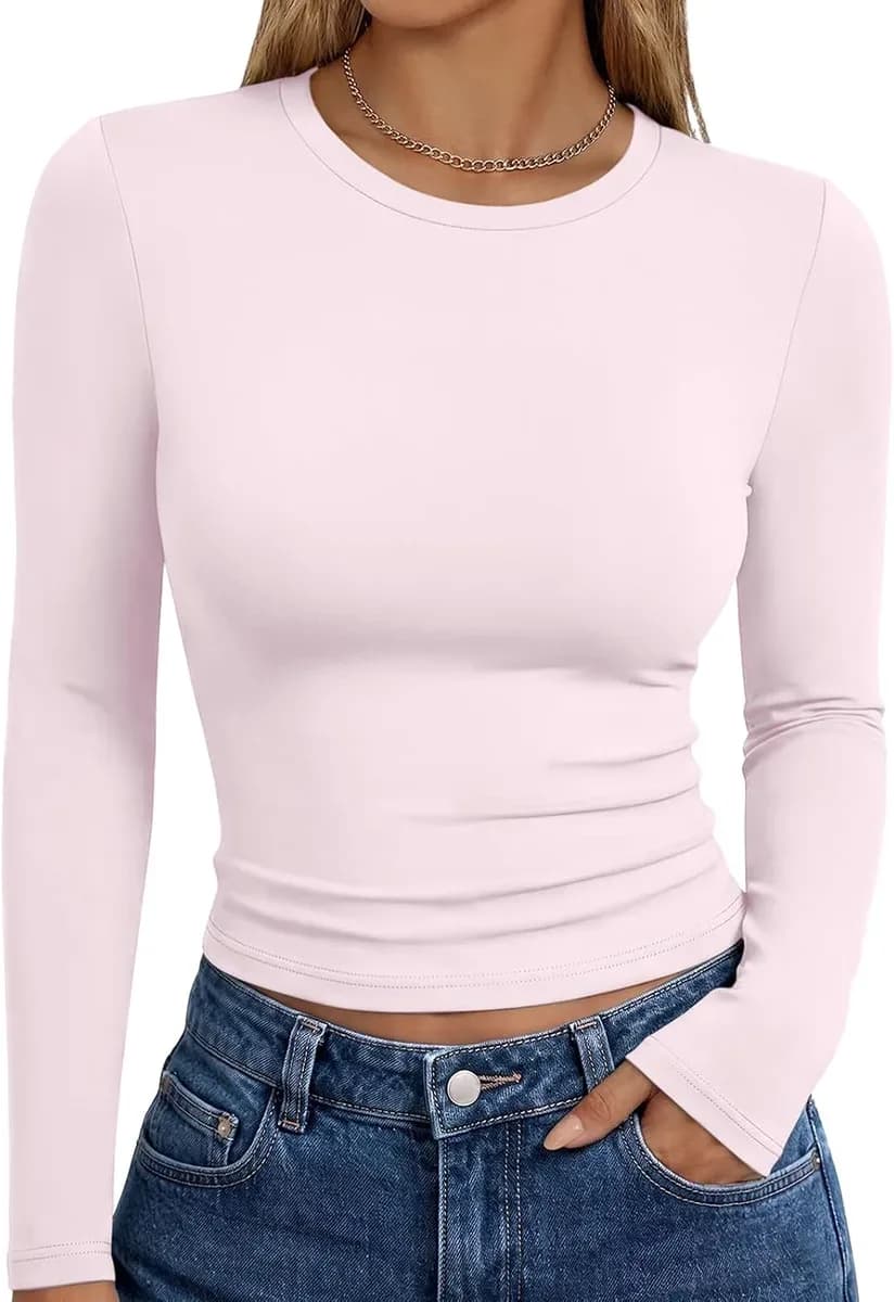 Light pink long sleeve fitted t-shirt with a crew neckline