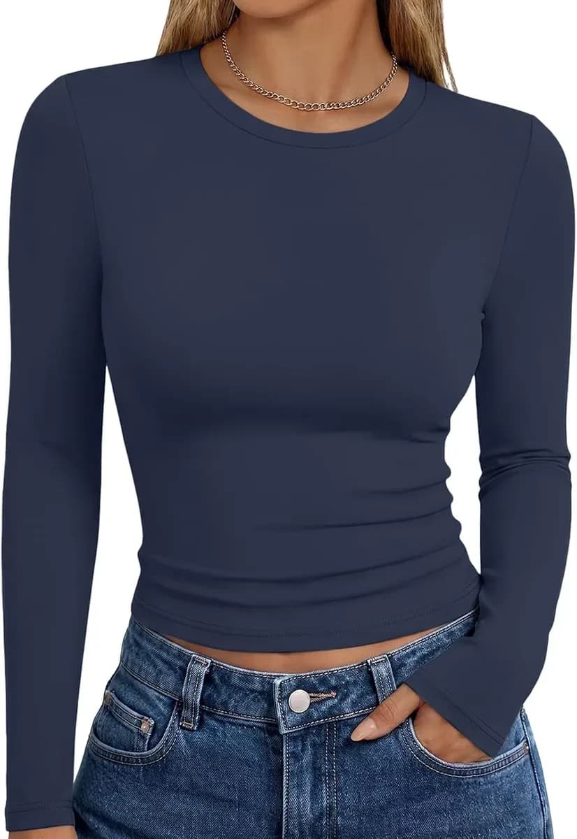 Navy long sleeve fitted t-shirt with a slim cut