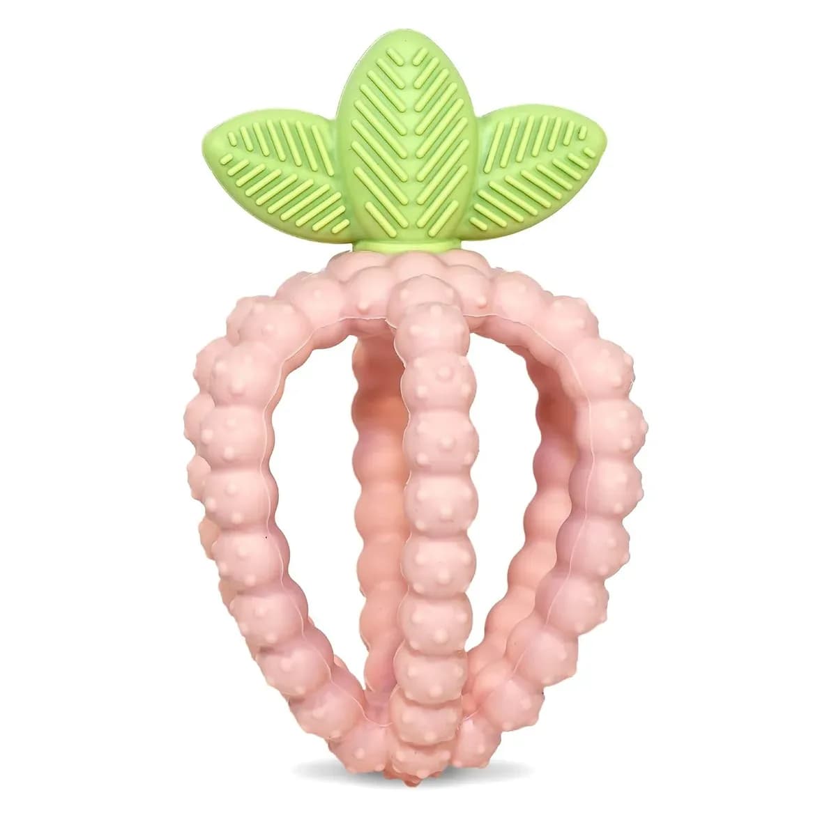 Pink strawberry teether in soft textured silicone