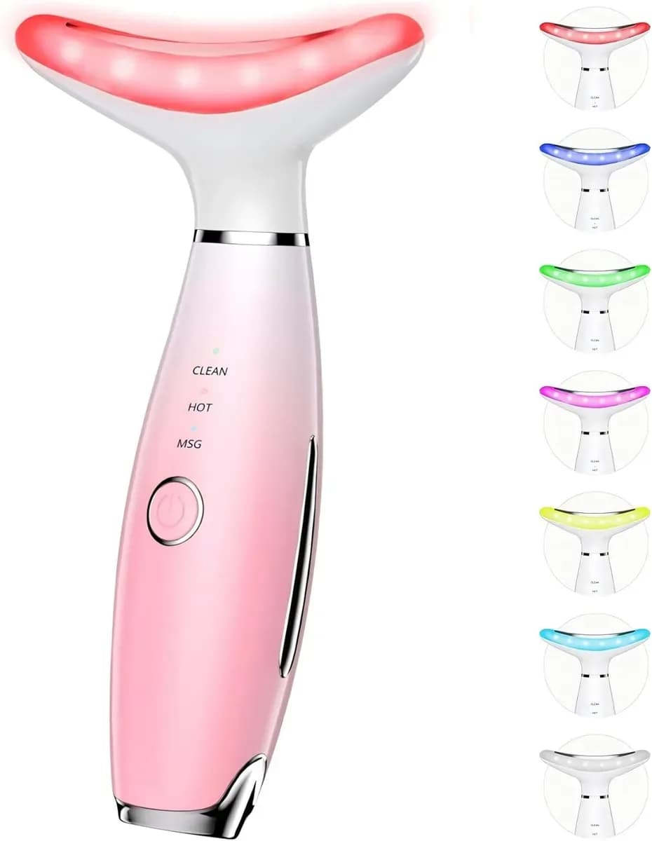 Pink LED face massager showing its 7 light colors