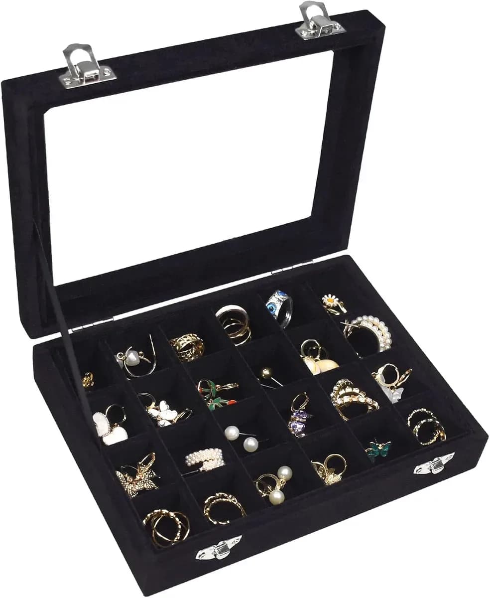 Black velvet jewelry box with glass lid for rings and studs