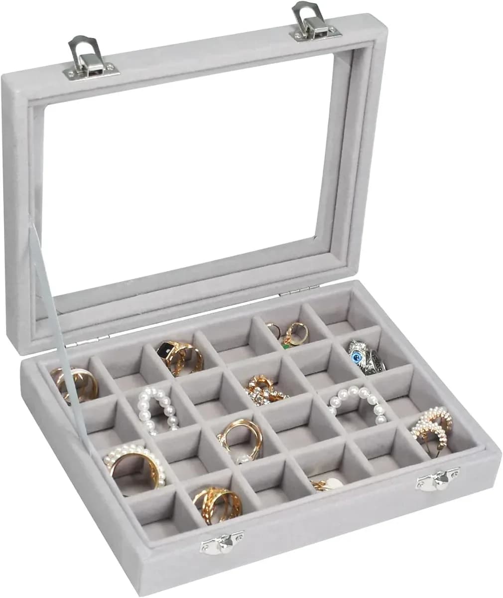 Gray velvet jewelry box with glass lid and soft velvet grids