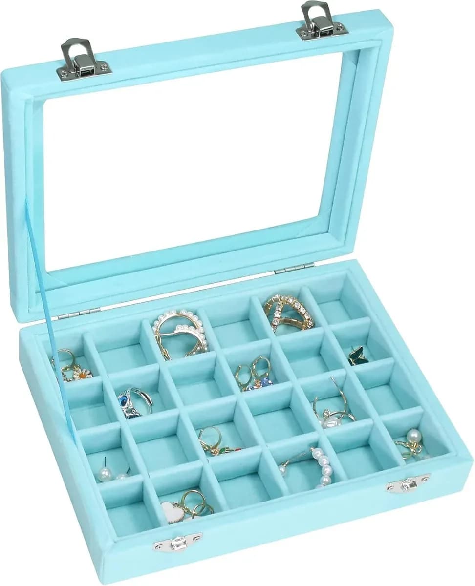 Light blue velvet jewelry box with glass lid and clasp